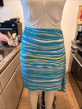 BCBGMaxAzria Blue, Teal & Yellow Striped Midi Skirt